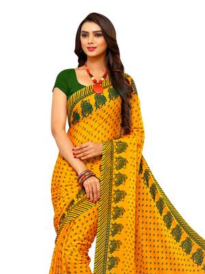 Yellow printed chiffon saree with blouse 2
