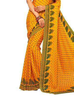 Yellow printed chiffon saree with blouse 3