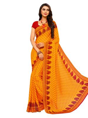 Yellow Printed Chiffon Saree With Blouse 1