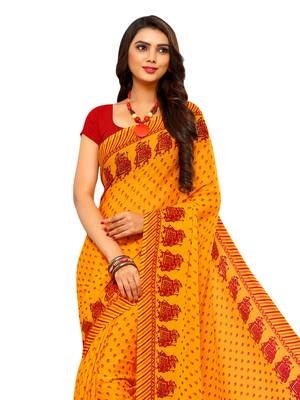 Yellow Printed Chiffon Saree With Blouse 2