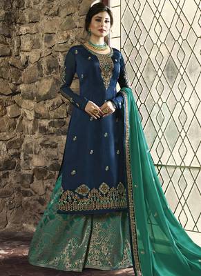 Royal-blue embroidered georgette salwar with dupatta 1