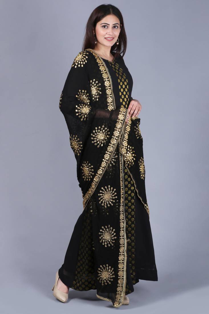 Black Gold Georgette Banarsi Floor Length Kurti