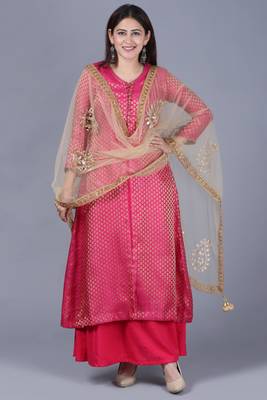 Pink Brocade Double Layered Jacket Style Kurti 1