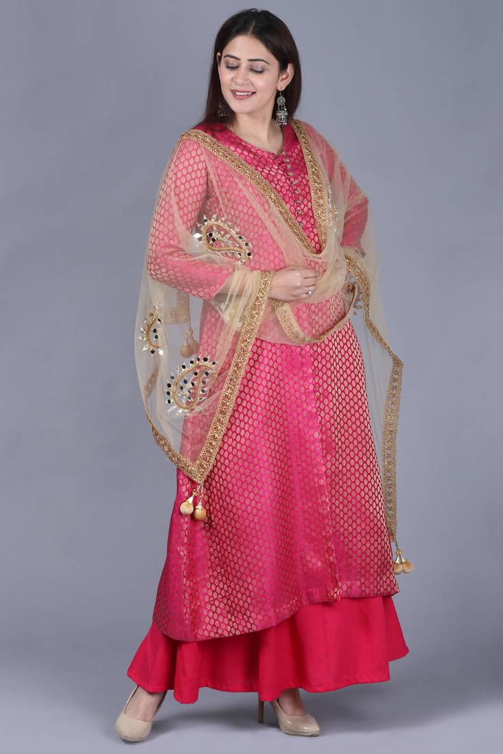 Pink Brocade Double Layered Jacket Style Kurti