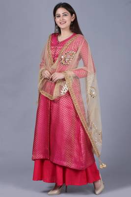 Pink Brocade Double Layered Jacket Style Kurti 3