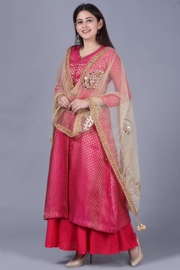 Pink Brocade Double Layered Jacket Style Kurti