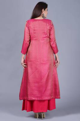 Pink Brocade Double Layered Jacket Style Kurti 4