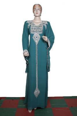 Teal green embroidered georgette islamic kaftan 1