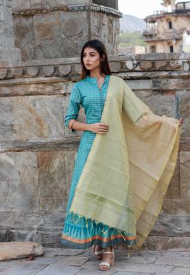 Pista green Floor length Kurta with gold Dupatta 3