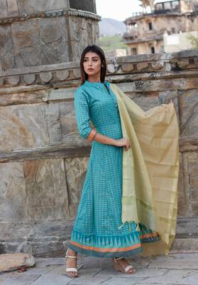 Pista green Floor length Kurta with gold Dupatta 4