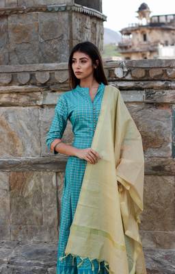 Pista green Floor length Kurta with gold Dupatta 5