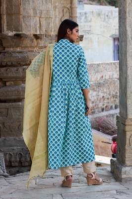 Sky blue printed kurta with pants and gold dupatta 2