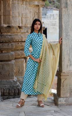 Sky blue printed kurta with pants and gold dupatta 1