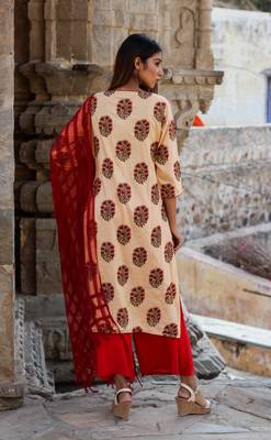 Peach block print kurta with palazzo and dupatta 2