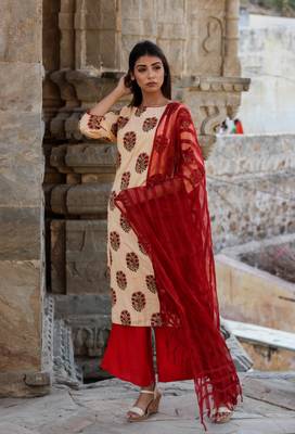 Peach block print kurta with palazzo and dupatta 1