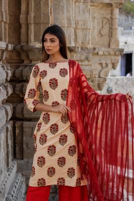 Peach block print kurta with palazzo and dupatta 4