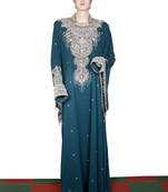 Teal green embroidered georgette islamic kaftan