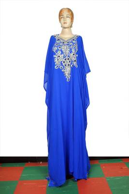 Dark sky blue embroidered georgette islamic kaftan 1