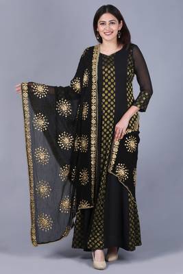 Black Gold Georgette Banarsi Floor Length Kurti with Black Gotta Embroidered Chiffon Dupatta 1