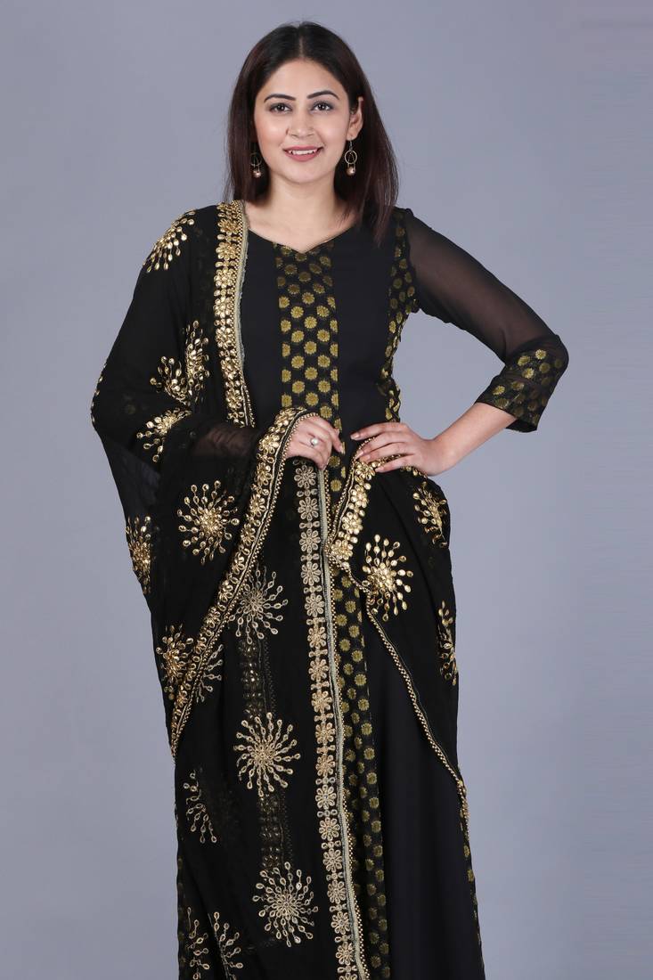 Black Gold Georgette Banarsi Floor Length Kurti with Black Gotta Embroidered Chiffon Dupatta
