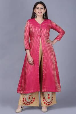 Pink Brocade Jacket Style Kurti with Gold Gotta Flared Palazzo 1