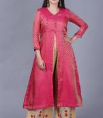 Pink Brocade Jacket Style Kurti with Gold Gotta Flared Palazzo
