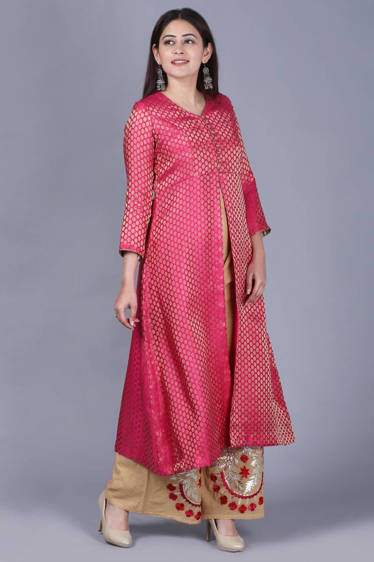 Pink Brocade Jacket Style Kurti with Gold Gotta Flared Palazzo