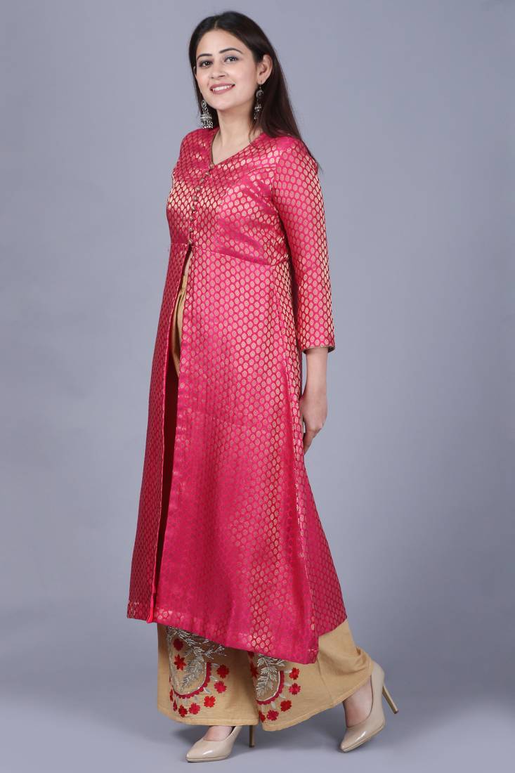 Pink Brocade Jacket Style Kurti with Gold Gotta Flared Palazzo
