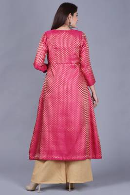 Pink Brocade Jacket Style Kurti with Gold Gotta Flared Palazzo 4