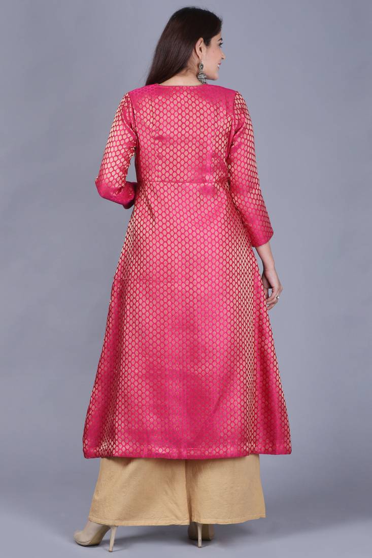 Pink Brocade Jacket Style Kurti with Gold Gotta Flared Palazzo