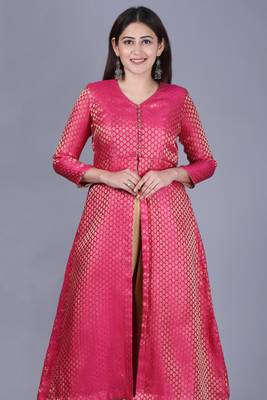 Pink Brocade Jacket Style Kurti with Gold Gotta Flared Palazzo 5