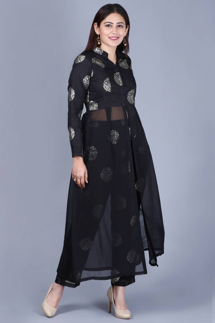 Black Jewel Jacket Style Kurti with Straight Pants