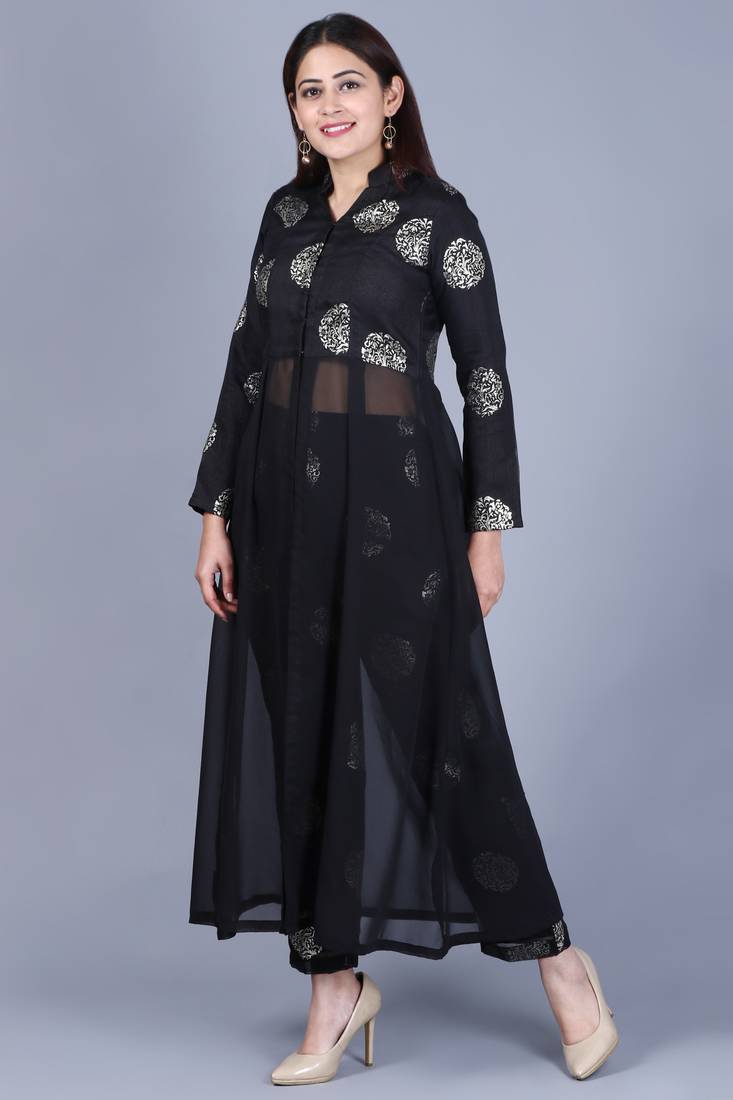 Black Jewel Jacket Style Kurti with Straight Pants