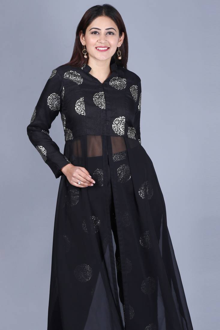 Black Jewel Jacket Style Kurti with Straight Pants