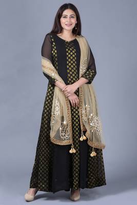 Black Gold Georgette Banarsi Floor Length Kurti with Gold Mirror Paisley Net Dupatta 1