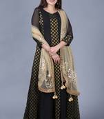 Black Gold Georgette Banarsi Floor Length Kurti with Gold Mirror Paisley Net Dupatta