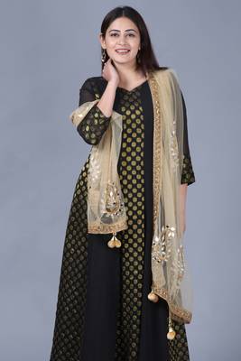 Black Gold Georgette Banarsi Floor Length Kurti with Gold Mirror Paisley Net Dupatta 2