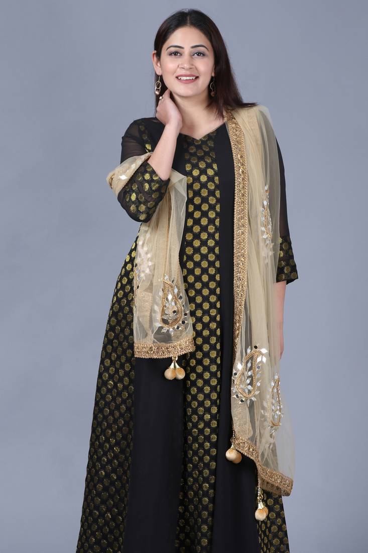 Black Gold Georgette Banarsi Floor Length Kurti with Gold Mirror Paisley Net Dupatta