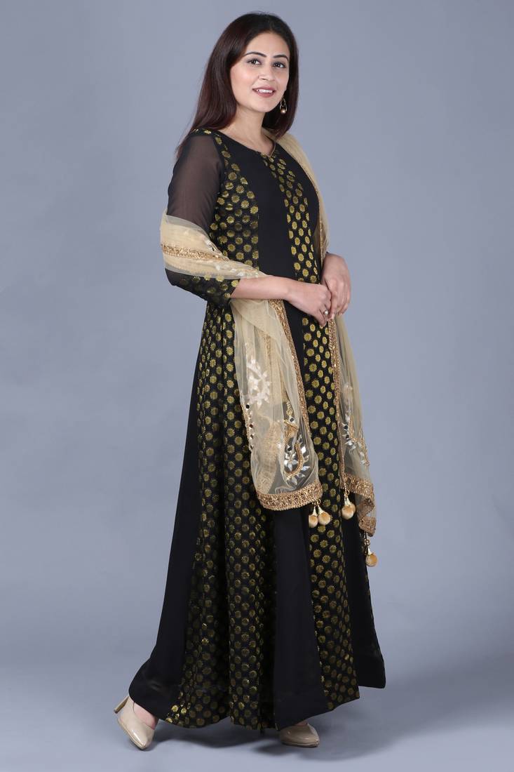 Black Gold Georgette Banarsi Floor Length Kurti with Gold Mirror Paisley Net Dupatta