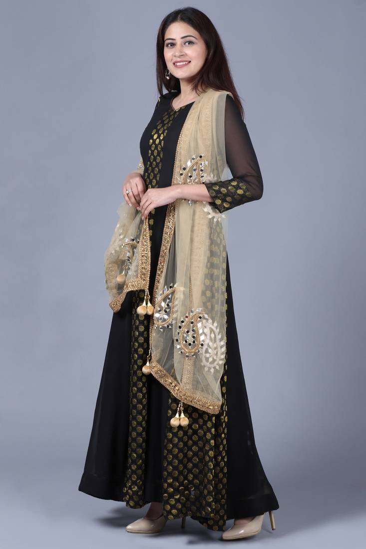 Black Gold Georgette Banarsi Floor Length Kurti with Gold Mirror Paisley Net Dupatta
