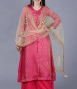 Pink Brocade Double Layered Jacket Style Kurti with Gold Mirror Paisley Dupatta
