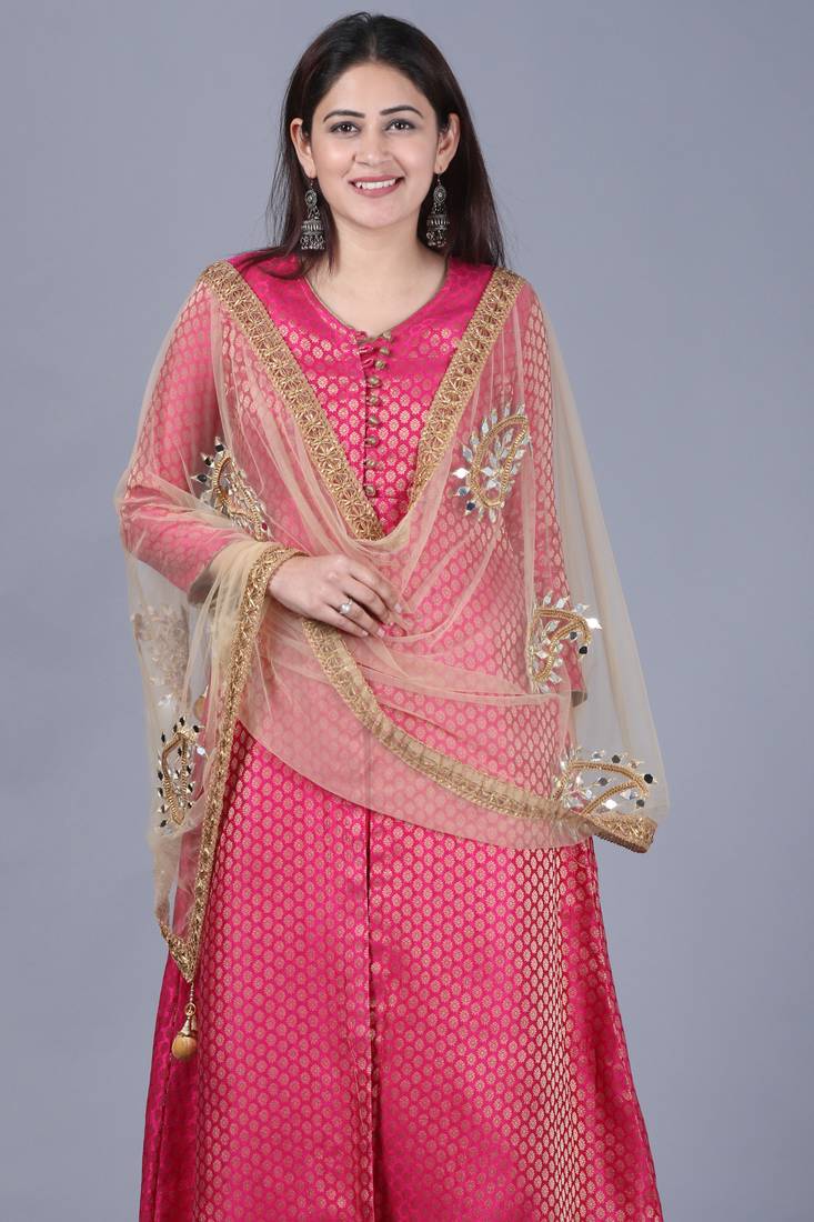 Pink Brocade Double Layered Jacket Style Kurti with Gold Mirror Paisley Dupatta