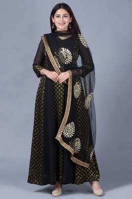 Black Gold Georgette Banarsi Floor Length Kurti with Black Mirror Work Paisley Net Dupatta 1