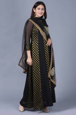 Black Gold Georgette Banarsi Floor Length Kurti with Black Mirror Work Paisley Net Dupatta 2
