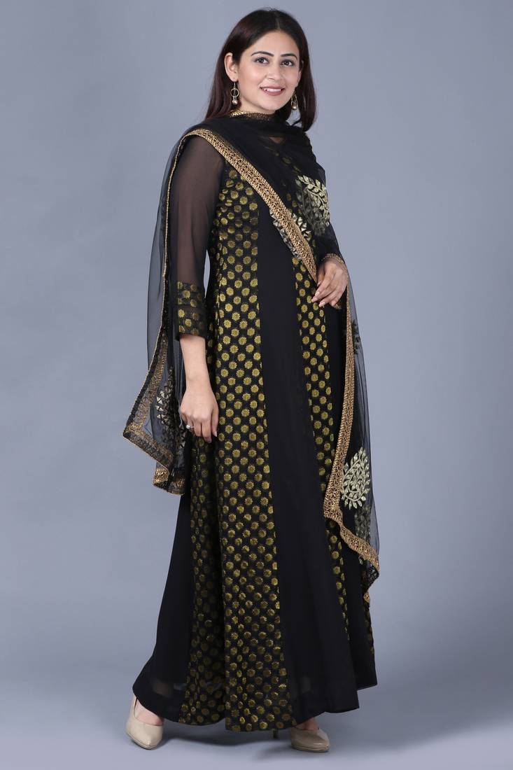 Black Gold Georgette Banarsi Floor Length Kurti with Black Mirror Work Paisley Net Dupatta