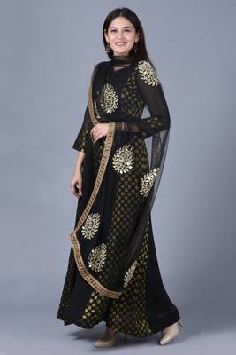 Black Gold Georgette Banarsi Floor Length Kurti with Black Mirror Work Paisley Net Dupatta 3