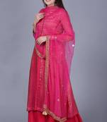 Pink Brocade Double Layered Jacket Style Kurti with Pink Mirror Stone Net Dupatta