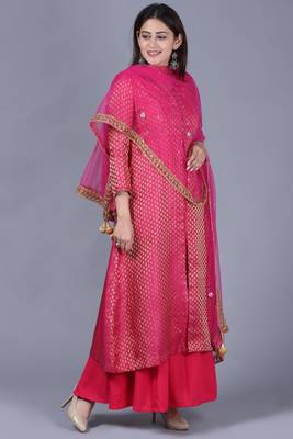 Pink Brocade Double Layered Jacket Style Kurti with Pink Mirror Stone Net Dupatta 2