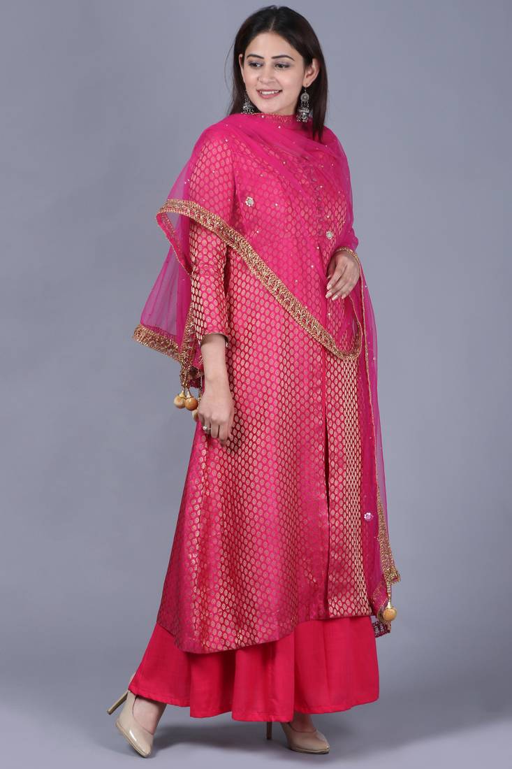 Pink Brocade Double Layered Jacket Style Kurti with Pink Mirror Stone Net Dupatta