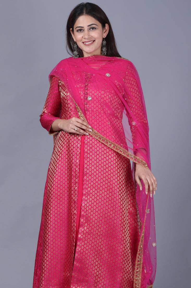 Pink Brocade Double Layered Jacket Style Kurti with Pink Mirror Stone Net Dupatta